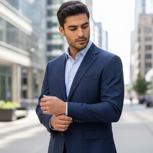 “Stafford Men’s 44R Navy Blue Windowpane Check Wool Blend Travel Stretch Blazer